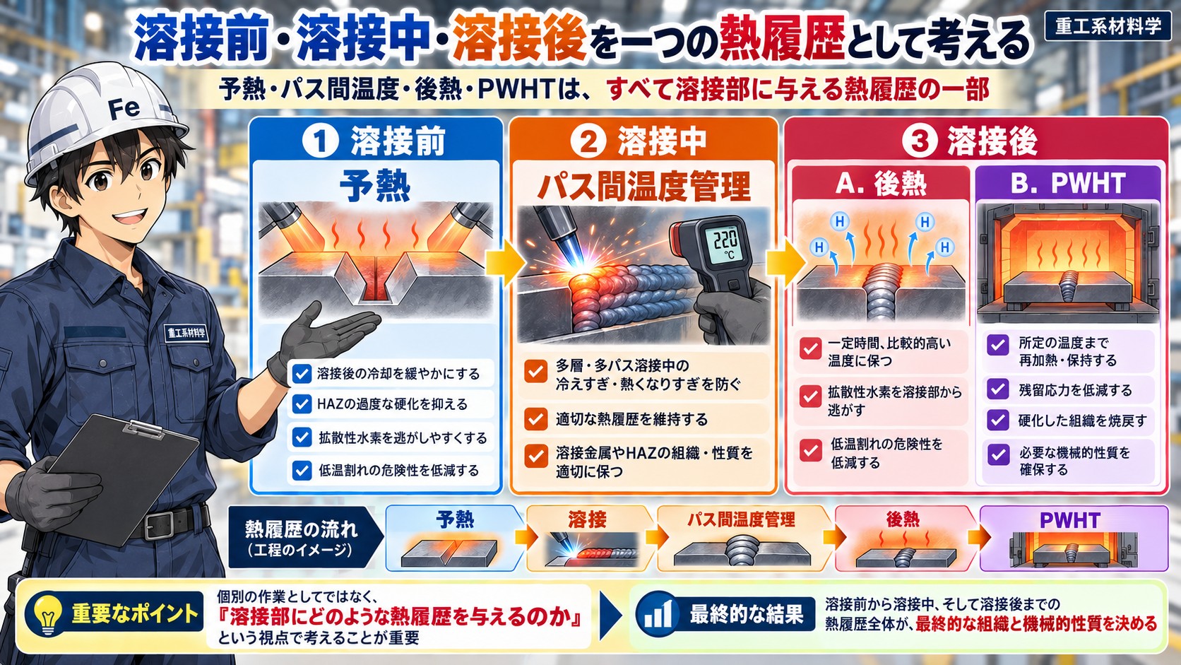予熱、パス間温度、後熱、PWHT
